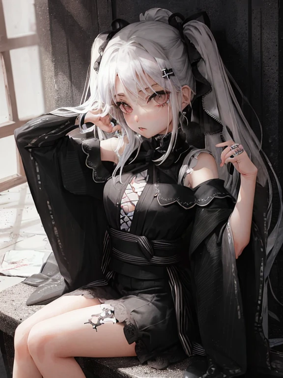 Masterpiece, best quality, high quality, ultra detailed, 1girl, looking at viewer, white hair, gray eyes, black lipstick, black shirt, sitting on a white floor, demon girl, gothcore, 1 7 - year - old, goth girl, japanese gothic, gothic punk style, black metal style, hands on head,.yurikiss、Girl kissing girl、