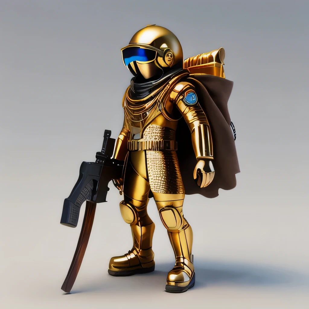 Brilliant Gold Diamond Maya Star,Copper weapons, Burlap Cape Mummy Hood Platinum Silk Cyberpunk Light Crossbow Space Station 1:90 miniatures, illustration, side view, (side view), Wear gold-rimmed reflective sunglasses, Carrying future weapons, very happy, side view, whole body, 3d, (Clay paint) octane rendering, perfect appearance, collagen(((Isometric art)))