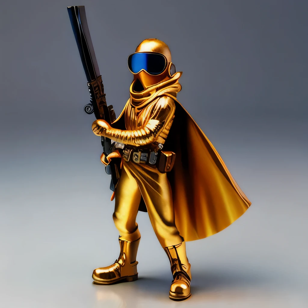 Brilliant Gold Diamond Maya Star，Copper weapons, Burlap Cape Mummy Hood Platinum Silk Cyberpunk Light Crossbow Space Station 1:90 miniatures, illustration, side view, (side view), Wear gold-rimmed reflective sunglasses, Carrying future weapons, very happy, side view, whole body, 3d, (Clay paint) octane rendering, perfect appearance, collagen（（（Isometric art）））