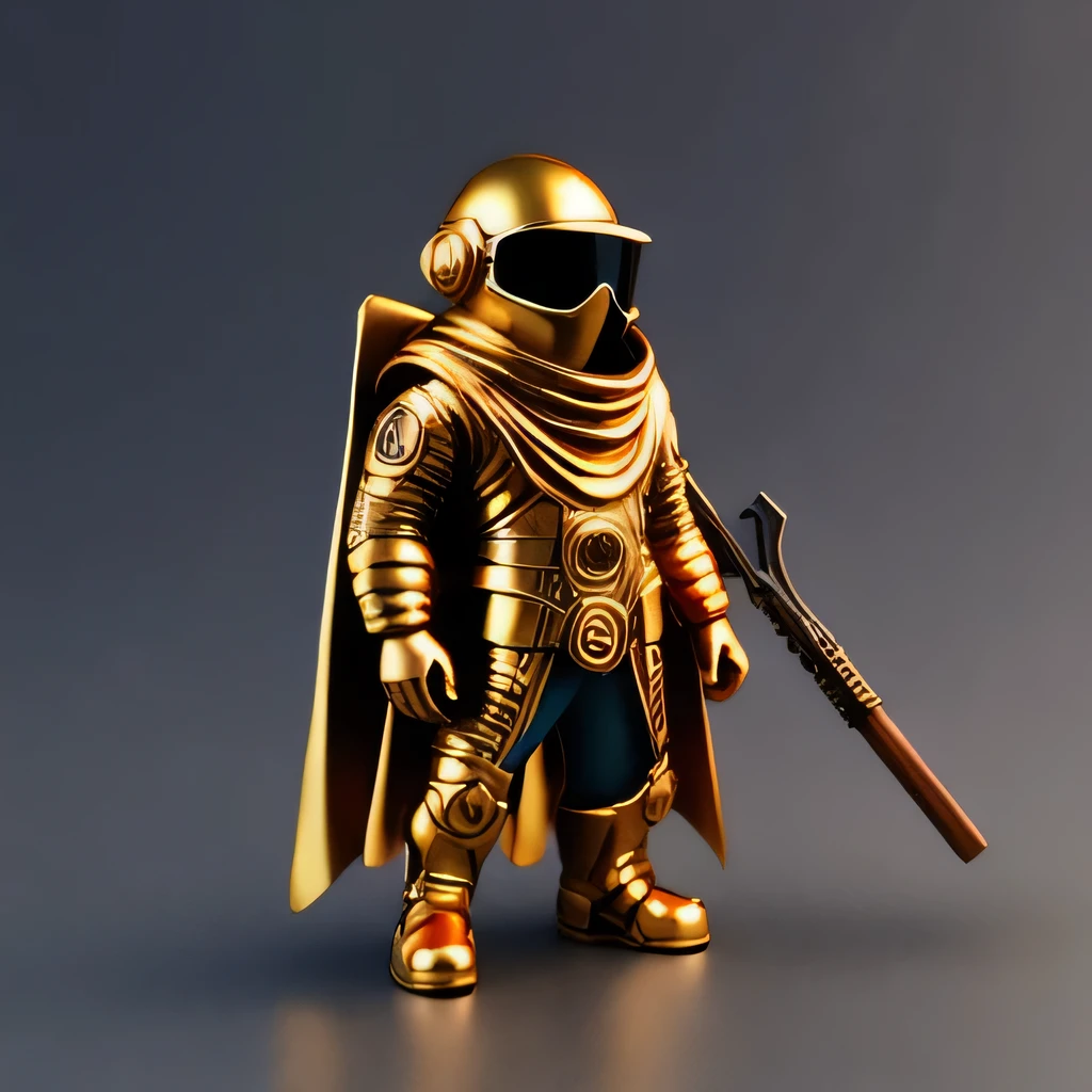 Brilliant Gold Diamond Maya Star,Copper weapons, Burlap Cape Mummy Hood Platinum Silk Cyberpunk Light Crossbow Space Station 1:90 miniatures, illustration, side view, (side view), Wear gold-rimmed reflective sunglasses, Carrying future weapons, very happy, side view, whole body, 3d, (Clay paint) octane rendering, perfect appearance, collagen(((Isometric art)))