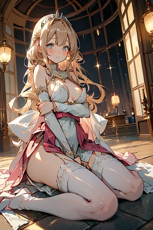 Adult Woman, Long dark blonde wavy hair、her thin pubic hair, White and pink dress, Puffy nipple、(Long flared skirt)、garter stocking、beautiful tiara、Earring、Medium milk, cute smile face、(Pose to lean forward and emphasize the chest)、sexy hips、high-heels、atlibrary、Sit on your knees on the floor、((Close your arms to your chest and look up)),(with sparkling eyes and a contagious smile), looking at viewer,