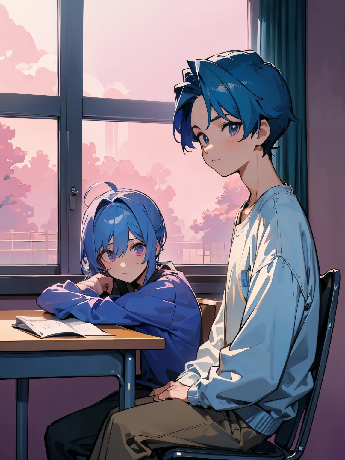 cartoon of two boys sitting at a table with a book and a backpack, ddlc, in the art style of 8 0 s anime, 9 0 s anime style, 90s anime style, in anime style, in an anime style, anime aesthetic, anime vibes, 9 0 s anime aesthetic, 9 0 s anime art style, lofi boy, typical anime classroom, beautiful background window, two cute boys, beautiful faces, two boys, don't extra hands, NO extra hands, generate two boys with NO extra hands, NO extra arm
