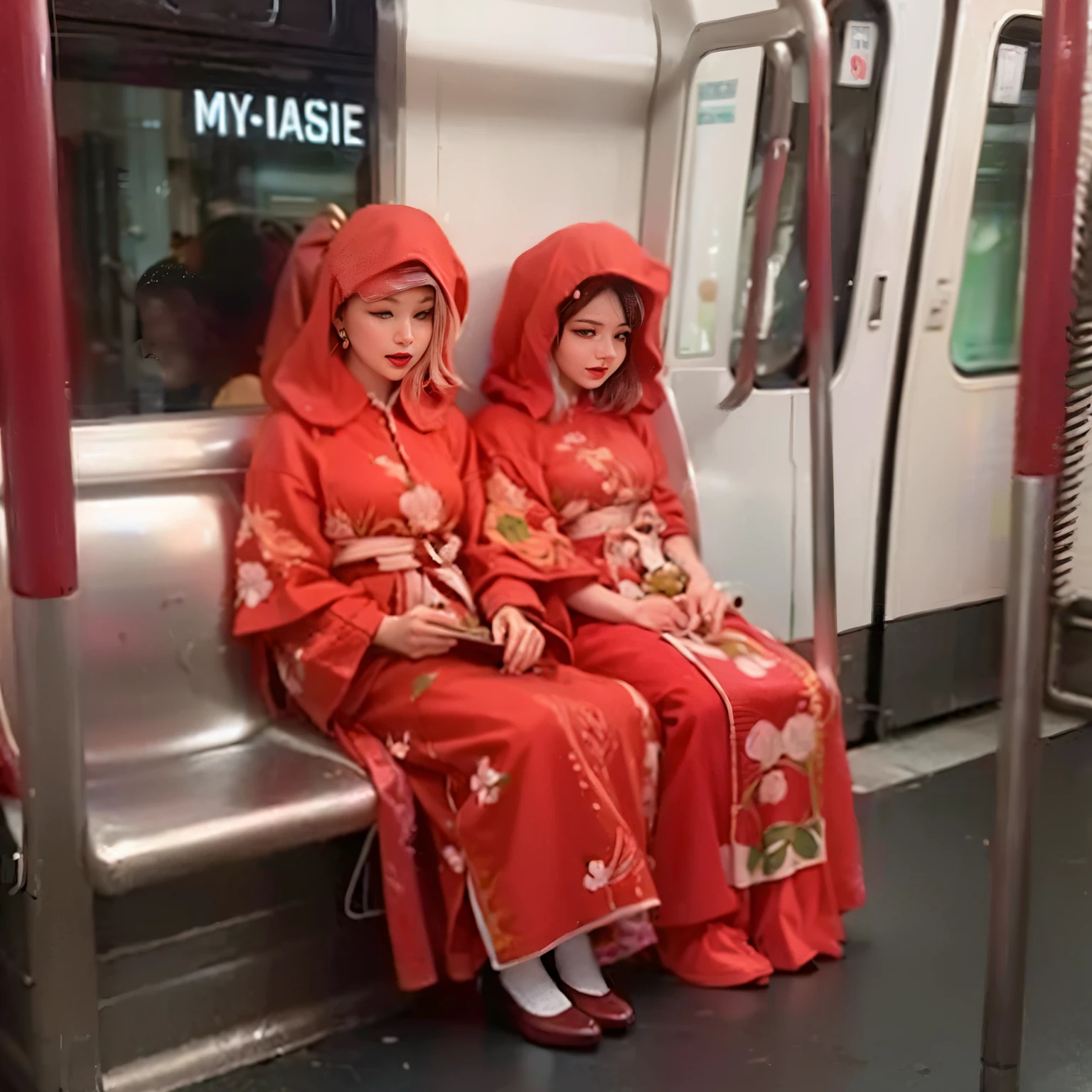 two women in red dresses sitting on a subway train, both have red lips, 💣 💥, they are crouching, glitch in the matrix, happy couple, chinese artist, chinese costume, they are very serious, very scary photo, chinese dress, the shaman of the subway, 😭🤮 💔, the future, costume weird creepy, chinese woman, omg