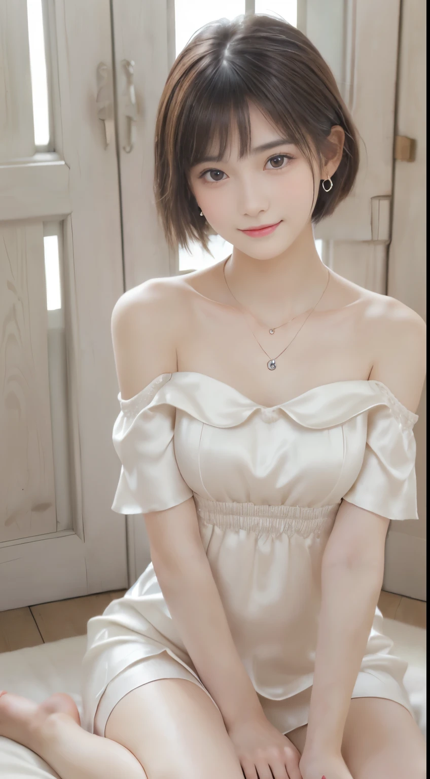 Great light、Beautiful lighting、Heavy eye makeup、Dark eyeliner、blue eyes、Blunt bangs、((Straight hair))、((short hair:1.4))、White skin、Lace fabric、Ruffled Fabric、High-quality embroidery、Off the shoulder、白いOff the shoulderトップス、mini skirt、Gorgeous Accessories、Harajuku、smile、かわいいsmile、Crowds in the city