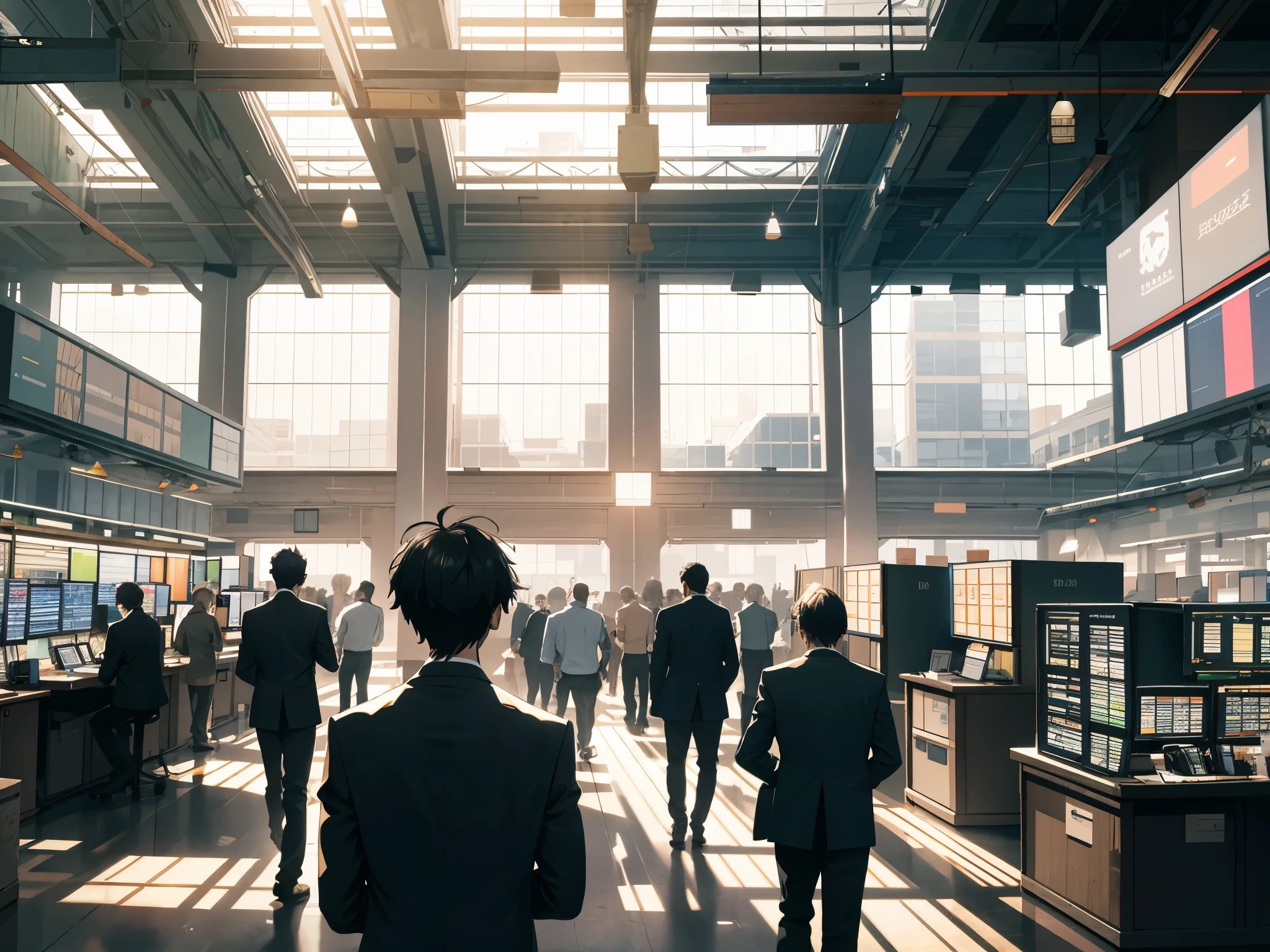 [Opening shot of a bustling stock market trading floor, where traders are engrossed in their work. The air is filled with a palpable sense of urgency as they feverishly watch screens displaying intricate graphs and flashing numbers. The atmosphere is charged with the excitement of potential profits and the risk of losses. The scene is meticulously lit, with shafts of sunlight streaming in through large windows, creating a dramatic contrast between the bright daylight and the dimly lit trading floor. The details of the traders' expressions, from intense focus to mild amusement, are captured in stunning clarity, adding depth and nuance to the scene. This is a top-quality, ultra-realistic 8k
