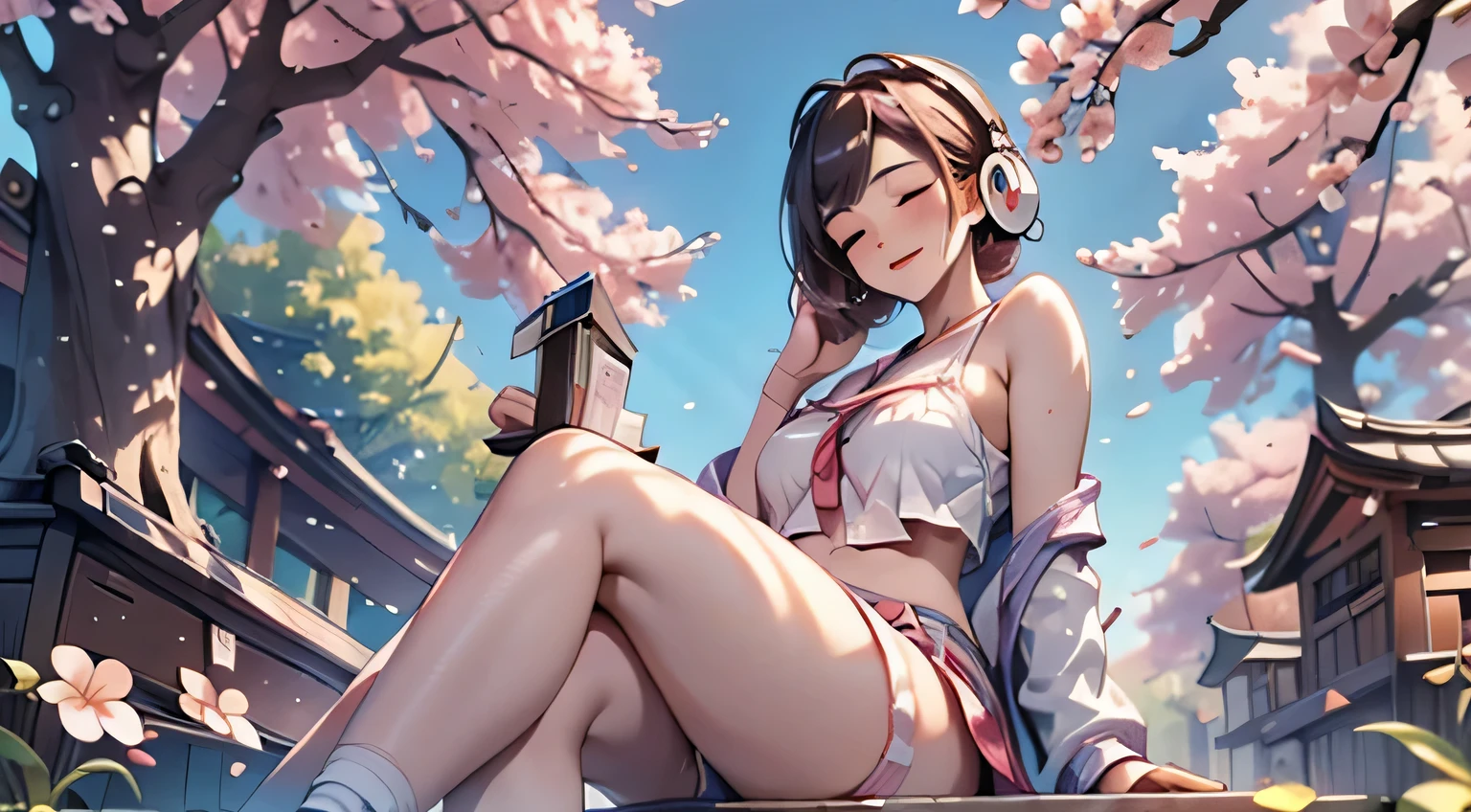 ((best quality)), ((masterpiece)), (detailed), perfect face, sitting under the cherry blossom tree, listening to music, One woman, wearing headphones, eyes closed, underwear visible