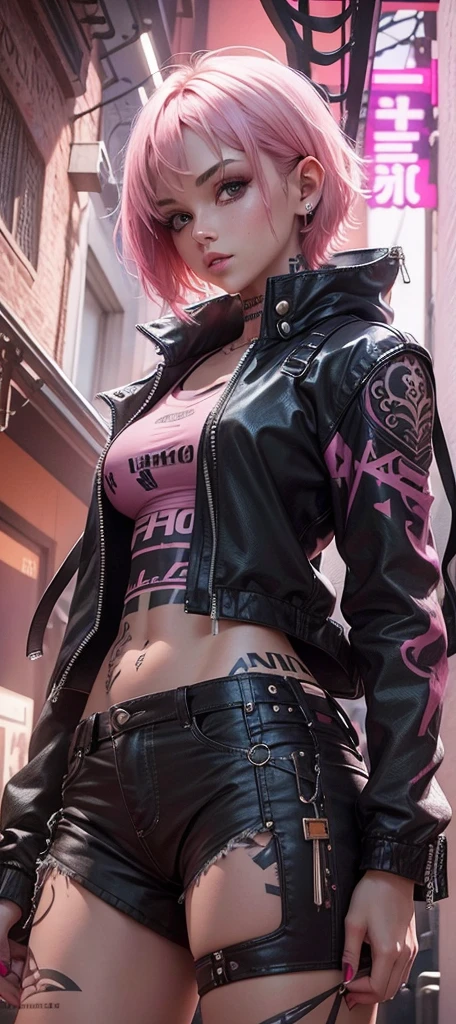 Masterpiece, Realistic portraits,Beautiful girl,Heroic, Exposed flesh, with tattoos,hair-bun, Leather jacket and leather pants,Authentic texture,Realistic painting style,professional hair stylist, ornate hair, abstract backgrounds, Purple eyes, Pink Long Hair,8K quality