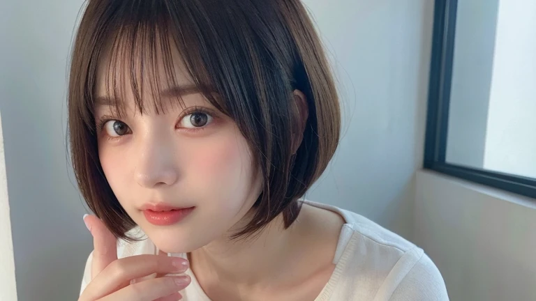 (bob cut hair:1.2),(wearing a blouse:1.2),1 girl,Japanese,21 years old,(small breasts:1.3),(highest quality,masterpiece:1.3,超A high resolution,),(Super detailed,caustics),(Photoreal:1.4,RAW shooting,)ultra-realistic capture,very detailed,High resolution 16K human skin close-up。 natural skin texture、,The pores are、、、、、、、Must be detailed enough to be easily identified。 Skin should look even-toned and healthy。 Use natural light and color, sad expression, look at the camera, perfect dynamic composition, my room