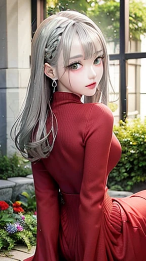 young girl、small face、 (alone:1.5,)Super detailed,明るいcolor, very beautiful detailed anime face and eyes, look straight,eye shadow、girl, (((hair、Silver and red: 1.5))),、shiny hair, delicate beautiful face, blush、(Silver、Glasses)、(turquoise eyes), , Valletta, red earrings、(Tea、turtleneck)、checked skirt、flower garden、surrounded by flowers、sit、smile、happy face、face dyed red、color々pose、Head to toe full body portrait、(I can see the whole body)、show your butt
