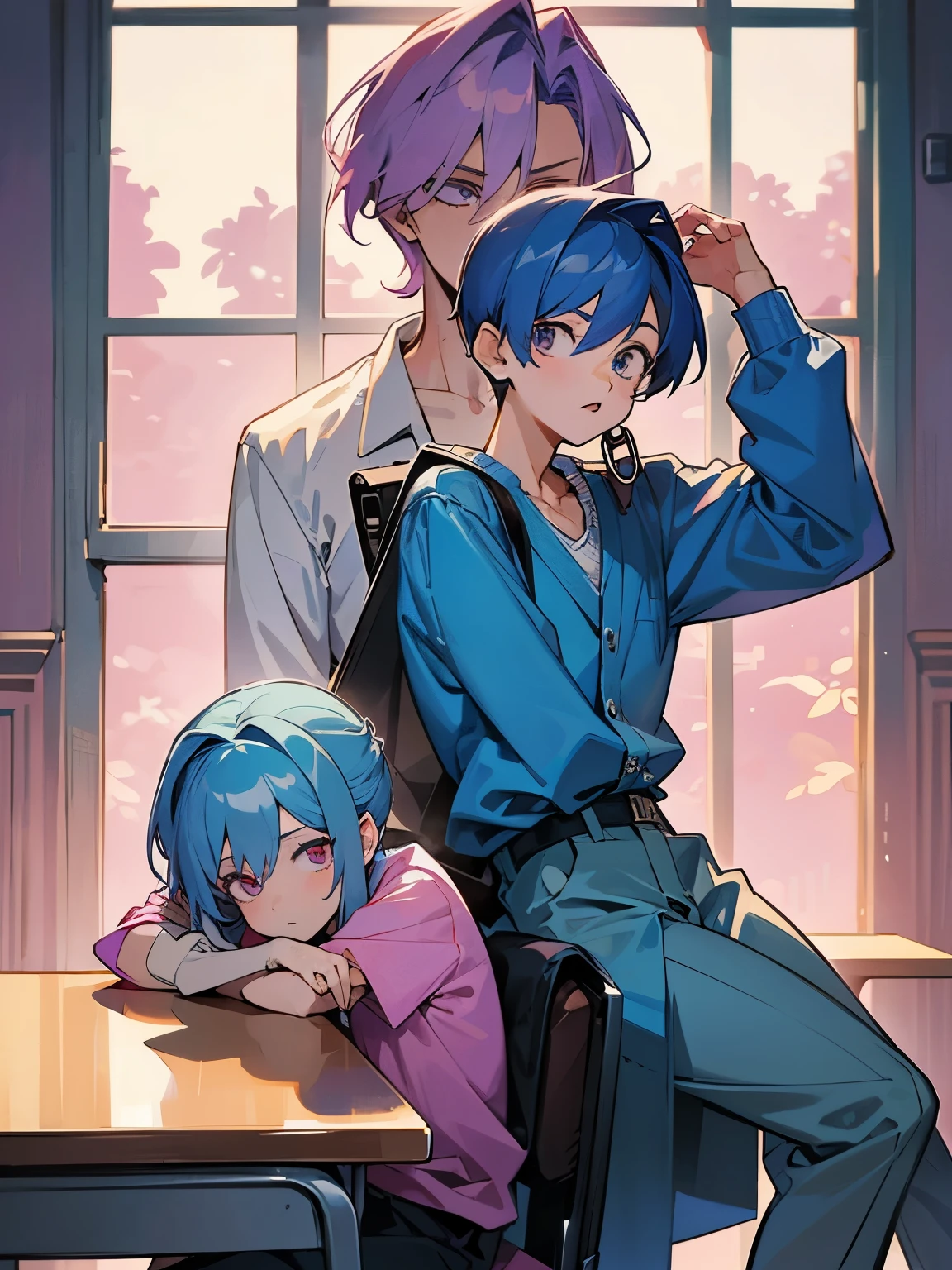 cartoon of two boys sitting at a table with a book and a backpack, ddlc, in the art style of 8 0 s anime, 9 0 s anime style, 90s anime style, in anime style, in an anime style, anime aesthetic, anime vibes, 9 0 s anime aesthetic, 9 0 s anime art style, lofi boy, typical anime classroom, beautiful background window, two cute boys, beautiful faces, two boys, don't extra hands, NO extra hands, generate two boys with NO extra hands, NO extra arm