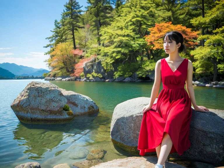 (An 18-year-old Japanese girl stands with her left foot on a lake rock.Lift your right foot.Push your right hand forward.Stretch your left hand back.Ballet dancing facing the lake .best quality、masterpiece、ultra high resolution、(Photo realism:1.4)、original photo)(shadow、octane rendering、8K、Super sharp. realistic light)、A beautiful Japanese girl in a red long dress, Sits on a rock high above the lake in the afternoon. Against the background of the blue sky and the lake in the shape of a heart.