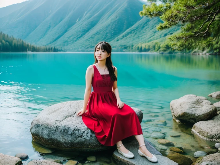 (An 18-year-old Japanese girl stands with her left foot on a lake rock.Lift your right foot.Push your right hand forward.Stretch your left hand back.Ballet dancing facing the lake .best quality、masterpiece、ultra high resolution、(Photo realism:1.4)、original photo)(shadow、octane rendering、8K、Super sharp. realistic light)、A beautiful Japanese girl in a red long dress, Sits on a rock high above the lake in the afternoon. Against the background of the blue sky and the lake in the shape of a heart.
