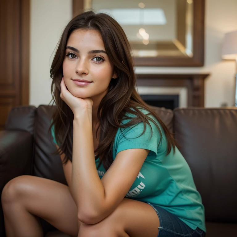 Pretty beautiful Brunette body, in her living room, sofa,  clivage, Very detailed, 20 ans, visage innocent, naturally wavy hair, yeux bleus, high resolution, chef-d&#39;artwork, best quality, intricate details, Very detailed, sharpness, Detailed skin , texture de peau réaliste, texture, detailed eyes, professionnel, 4k, sourire charmant, prise avec Canon, 85 millimeters, slight depth of field, Vision des couleurs Kodak, corps parfaitement ajusté, extremely detailed, photographe_\(ultra\), photographerrealistic, Realistic , Post-traitement, Maximum details, roughness, vrai vie, ultrarealistic, photorealism, La photographie, 8k euh, La photographie, Fille turque, Brunette, gros yeux marrons, short t-shirt, Fond d&#39;Istanbul, airport, valises , voyage