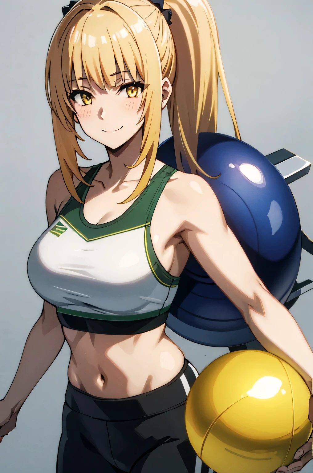 1girl, solo,yellow eyes, blonde hair, long hair,masterpiece, best quality, photorealistic, yujiasuit, yoga sports bra, yoga pants, 1girl, solo, , yoga ball, pants, looking at viewer, smile, green sports bra, simple background, , midriff, long hair, breasts, green pants, sportswear, tank top, upper body,
