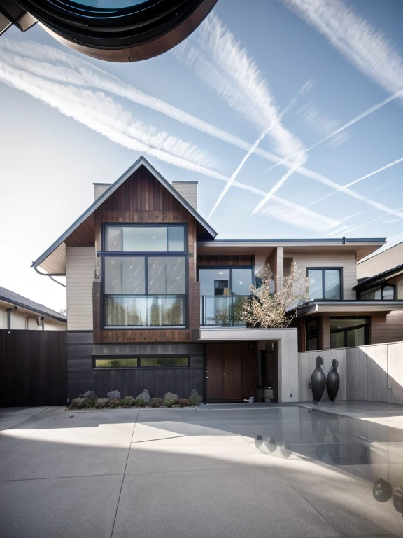 house exterior contemporary style, modernism, glass doors and windows,black metal rail, conwood ceilling, masterpiece, highquality, realistic photo, canon eos 5D mark, natural light,