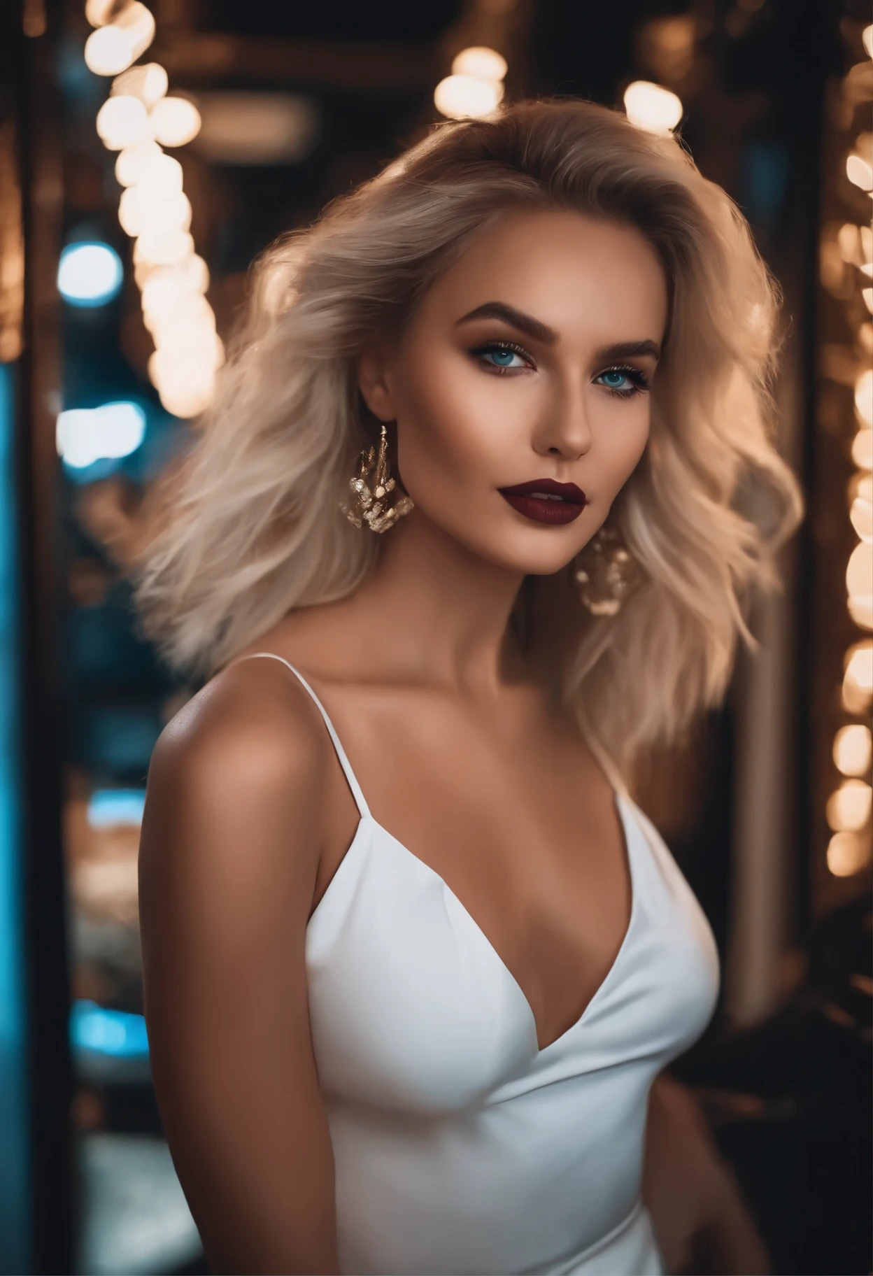 realistic white female Instagram influencer, best quality, blond, 1 fille, yeux bleus, in short white tight dress in night club
