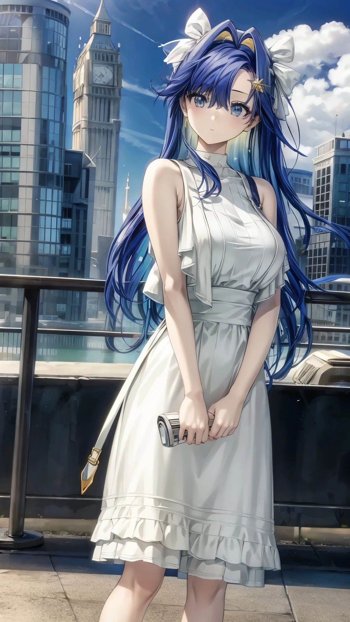 Voyager from Reverse 1999, realistic, beautiful city background, night sky with stars, casual outfit, short sleeve wear, Sleeveles, casual wear, 1 woman, big breast, armpits, tank top