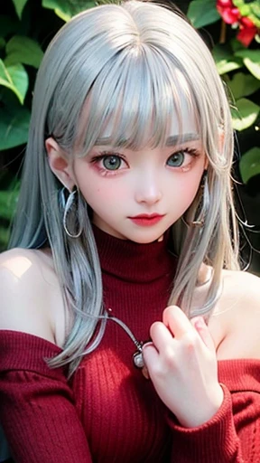 young girl、small face、 (alone:1.5,)Super detailed,明るいcolor, very beautiful detailed anime face and eyes, look straight,eye shadow、girl, (((hair、Silver and red: 1.5))),、shiny hair, delicate beautiful face, blush、(Silver、Glasses)、(turquoise eyes), , Valletta, earrings、(Tea、turtleneck)、checked skirt、flower garden、surrounded by flowers、sit、smile、happy face、face dyed red、color々pose、Head to toe full body portrait、(I can see the whole body)、
