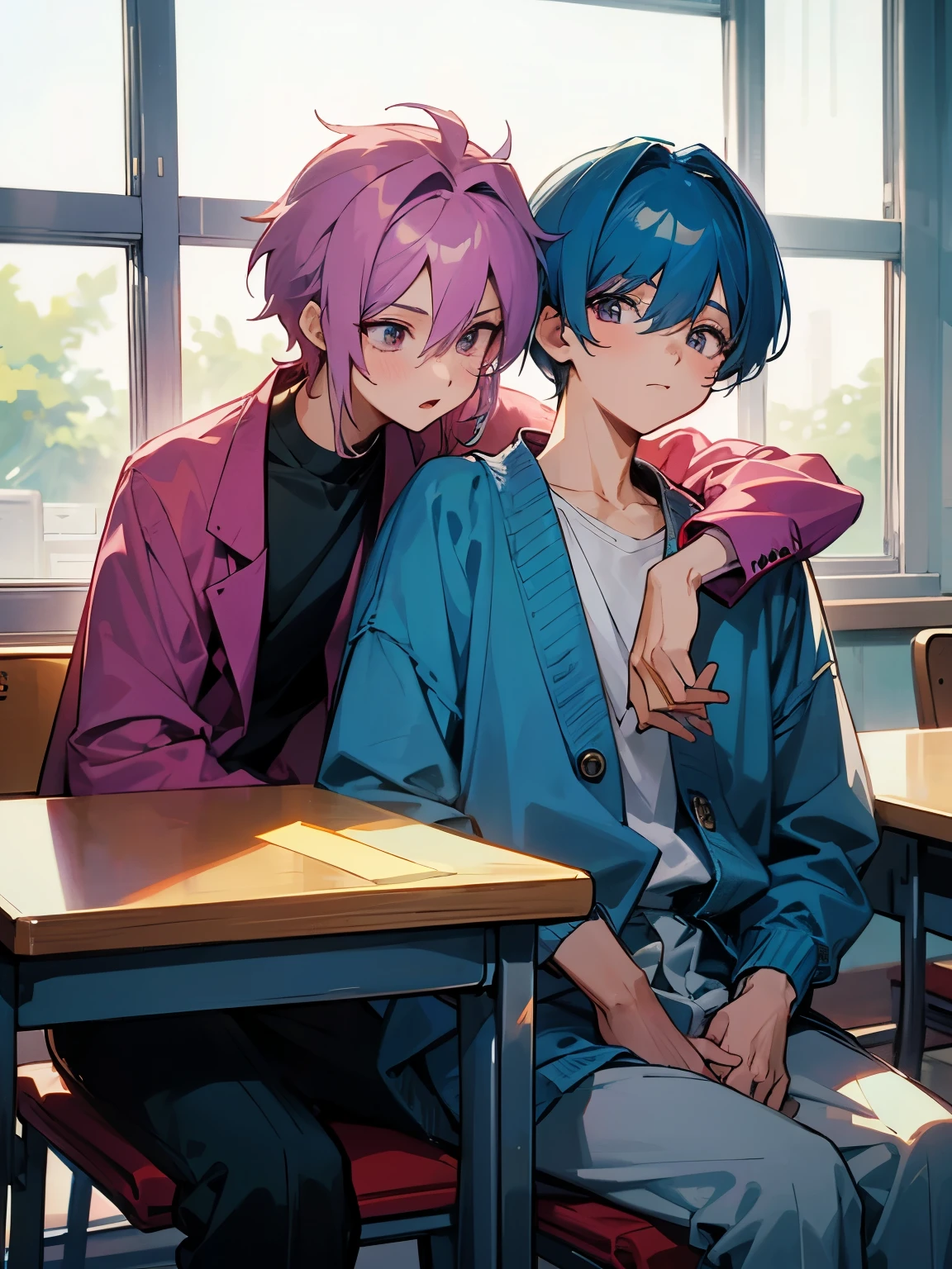 cartoon of two boys sitting at a table with a book and a backpack, ddlc, in the art style of 8 0 s anime, 9 0 s anime style, 90s anime style, in anime style, in an anime style, anime aesthetic, anime vibes, 9 0 s anime aesthetic, 9 0 s anime art style, lofi boy, typical anime classroom, beautiful background window, two cute boys, beautiful faces, two boys, don't extra hands, NO extra hands, generate two boys with NO extra hands, NO extra arm