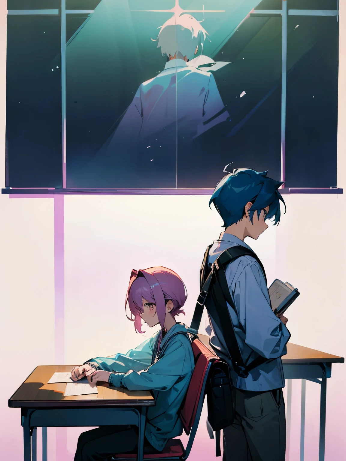 cartoon of two boys sitting at a table with a book and a backpack, ddlc, in the art style of 8 0 s anime, 9 0 s anime style, 90s anime style, in anime style, in an anime style, anime aesthetic, anime vibes, 9 0 s anime aesthetic, 9 0 s anime art style, lofi boy, typical anime classroom, beautiful background window, two cute boys, beautiful faces, two boys, don't extra hands, NO extra hands, generate two boys with NO extra hands, NO extra arm