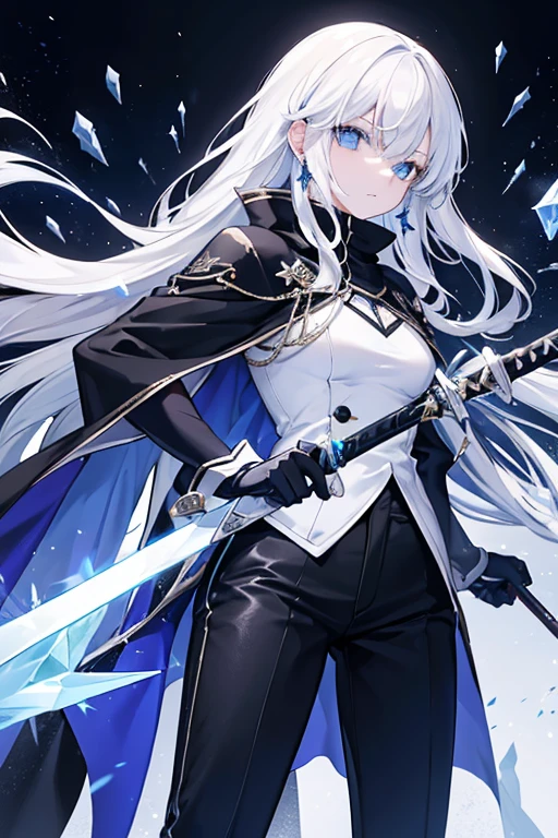 a woman, young, 19 years old, swordsman, long white hair, skin as white as snow, cold gaze, blue eyes like crystal, black sweater, black pants, cape, a crystal sword, earring in her ear, background with blue lights.