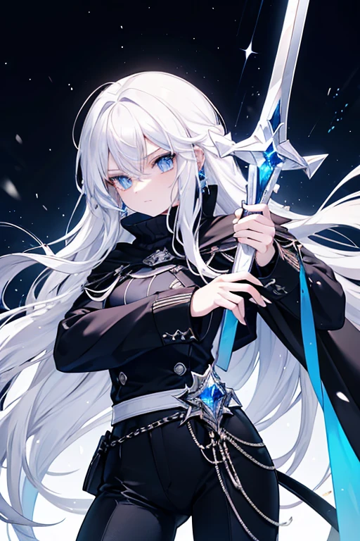 a woman, young, 19 years old, swordsman, long white hair, skin as white as snow, cold gaze, blue eyes like crystal, black sweater, black pants, cape, a crystal sword, earring in her ear, background with blue lights.