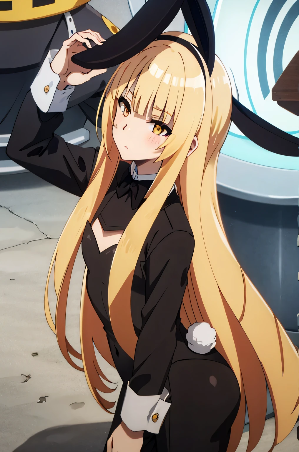 irl, solo,yellow eyes, blonde hair, long hai,(((black bunny suit,bunny ears)))
