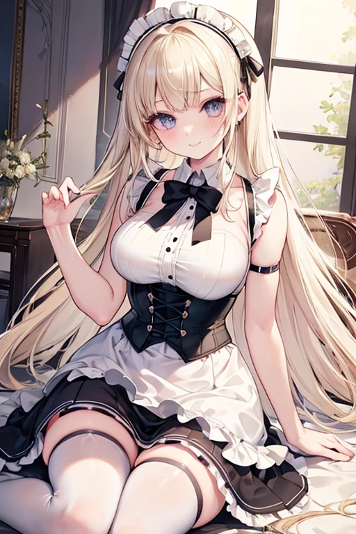 top-quality、realistic touch,high-detail、photoRealstic、Long body、captive beauty、big eye、Colossal 、Strong platinum blonde eyelashes、platinum-blond、full body Esbian、Sparkling eyes、Submissive smile、Flushed cheeks、Kamimei、thin-waist、Voluptuous thighs、Enraptured look、Raked bangs、The forehead is protruding、Tight maid uniform、thigh-high socks、sleeveless、Tight skirt with a large slit、A corset that emphasizes your breasts、Shoulder straps integrated with corset、