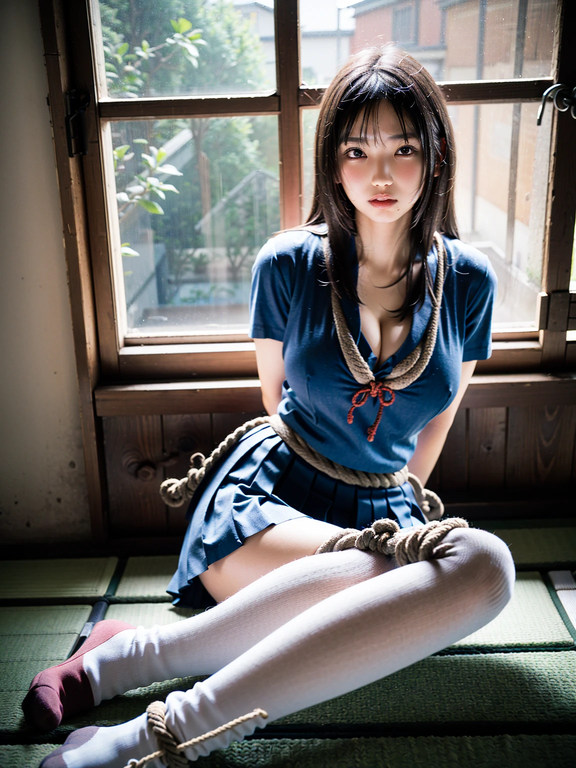(41k4:1.15), (aika-sawaguchi:0.7), face, masterpiece, Best Quality, 8K, Raw photo, top-notch quality, masterpiece, (sitting with legs spread:1.3), (BDSM:1.5), (rope bondage:1.4), (tied up with rope:1.3), (wearing japanese schoolgirl uniform:1.6), (wearing white thigh high socks:1.35), (arms behind back:1.2), solo, (1 pretty Japanese girl), exceptionally detailed RAW color photo, professional-grade photograph, (Realistic, Photorealistic:1.37), (highly detailed skin:1.2), Ultra-high resolution, (lens 50mm), (masterpiece, top-quality:1.3), (hyper realistic:1.35), (Photorealistic:1.45), (Realistic:1.4), (looking at viewer:1.4), (facing viewer:1.4), 1 beautiful girl, 18 years old, Japanese idol, supermodel, pale skin, (slim:1.3), (slim body:1.25), (slender body:1.25), (narrow waist:1.25), pretty face, (large breasts:1.15), (deep cleavage), gravure idol