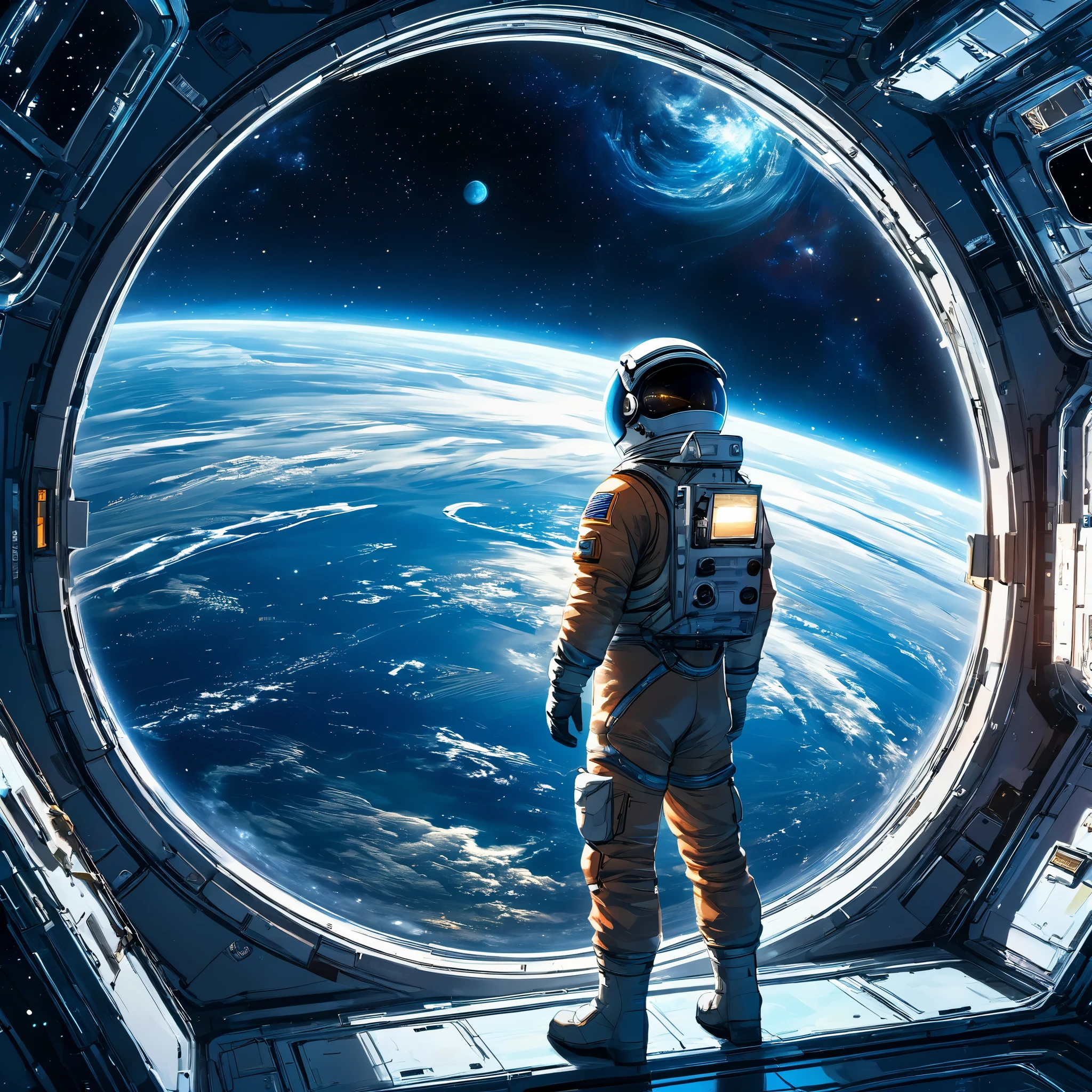 A man standing inside the space station looking out through the window, Outside is the starry sky and a planet that looks exactly like Earth., background space station, Background details