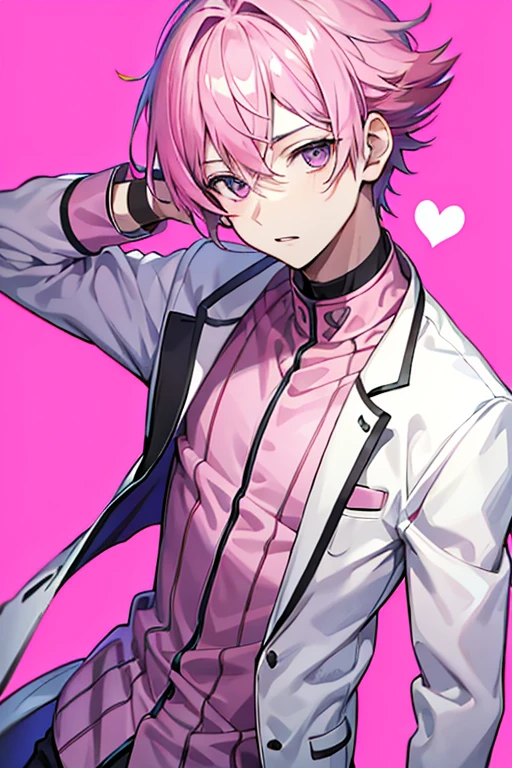 Boy with pink hair,tmasterpiece,Handsome face,Clear facial features,Pink outfit,Concise background