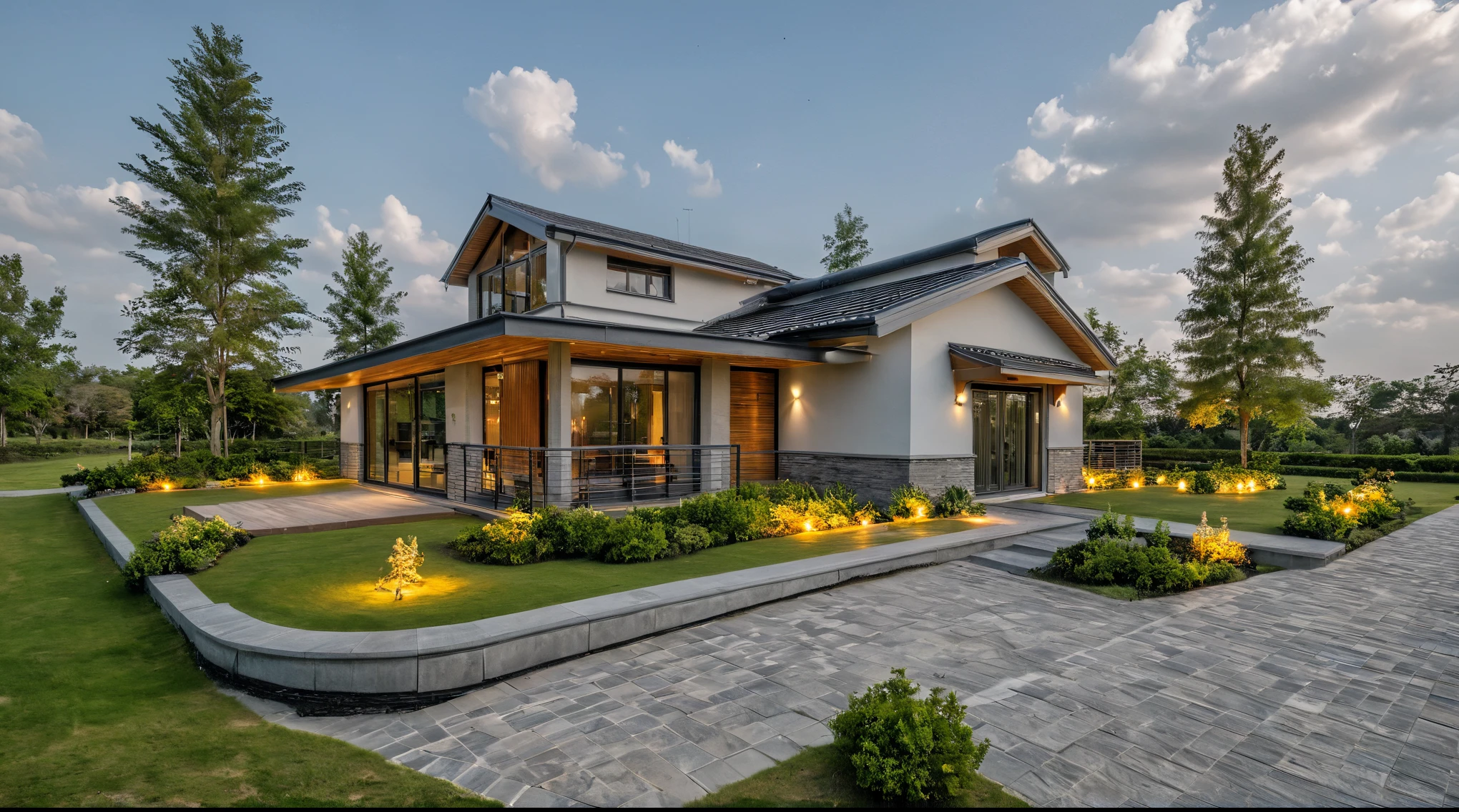 Masterpiece, high quality, best quality, authentic, super detail, outdoors, onestoreyvillaXL, aiaigroup, house style modern on the street ,stairs, white wall ,road,pavement, grass, trees, sky, cloud, (daylight:1.1)