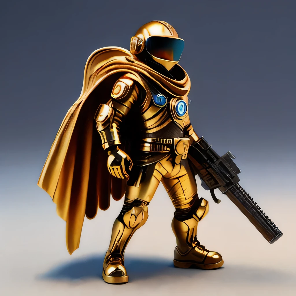 Brilliant Gold Diamond Maya Star，Copper weapons, Burlap Cape Mummy Hood Platinum Silk Cyberpunk Light Crossbow Space Station 1:90 miniatures, illustration, side view, (side view), Wear gold-rimmed reflective sunglasses, Carrying future weapons, very happy, side view, whole body, 3d, (Clay paint) octane rendering, perfect appearance, collagen（（（Isometric art）））