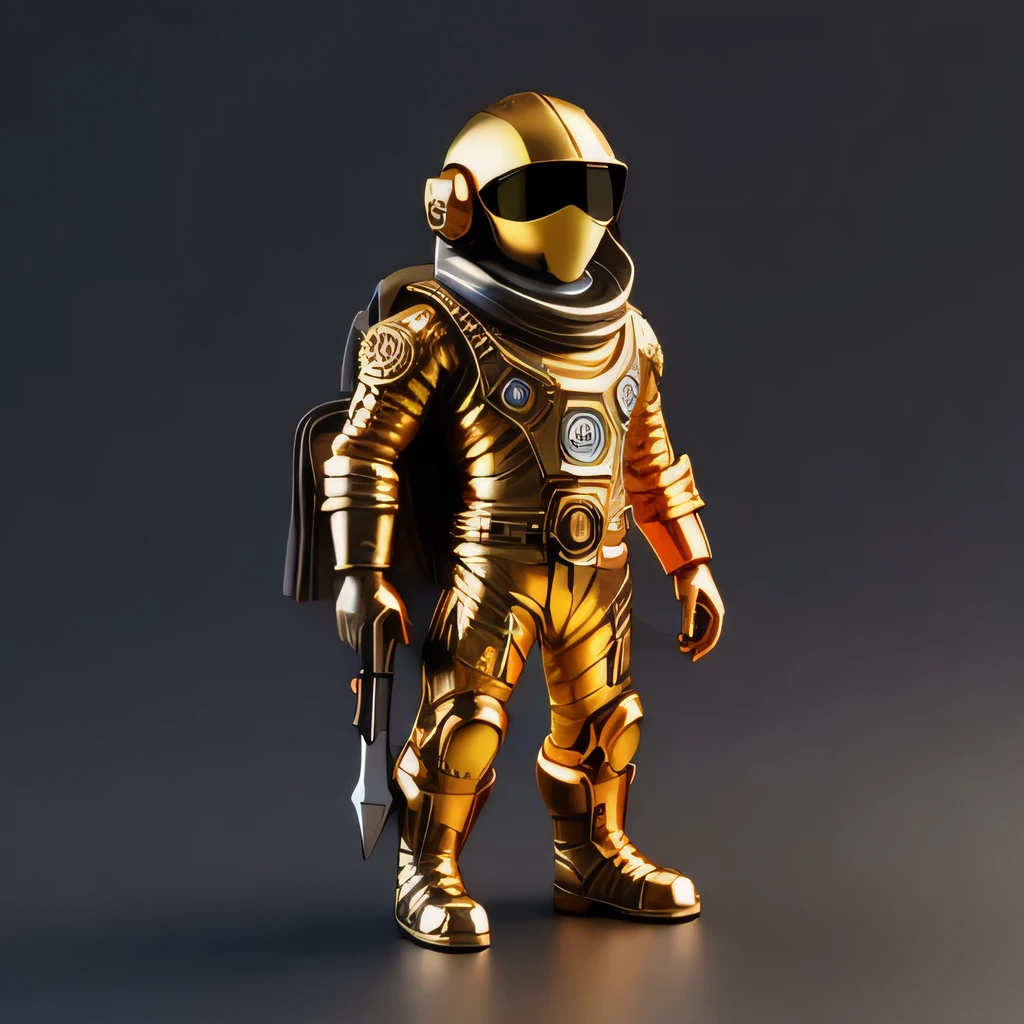 Brilliant Gold Diamond Maya Star,Copper weapons, Burlap Cape Mummy Hood Platinum Silk Cyberpunk Light Crossbow Space Station 1:90 miniatures, illustration, side view, (side view), Wear gold-rimmed reflective sunglasses, Carrying future weapons, very happy, side view, whole body, 3d, (Clay paint) octane rendering, perfect appearance, collagen(((Isometric art)))
