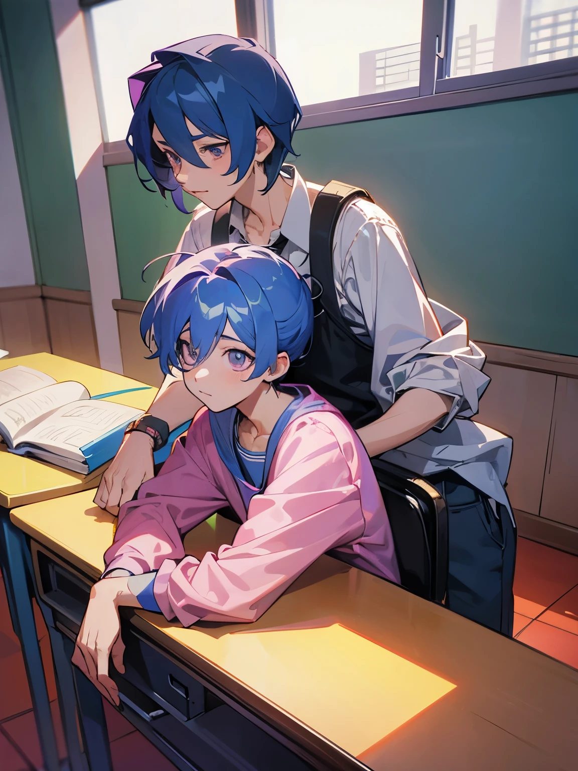 cartoon of two boys sitting at a table with a book and a backpack, ddlc, in the art style of 8 0 s anime, 9 0 s anime style, 90s anime style, in anime style, in an anime style, anime aesthetic, anime vibes, 9 0 s anime aesthetic, 9 0 s anime art style, lofi boy, typical anime classroom, beautiful background window, two cute boys, beautiful faces, two boys, don't extra hands, NO extra hands, generate two boys with NO extra hands, NO extra arm