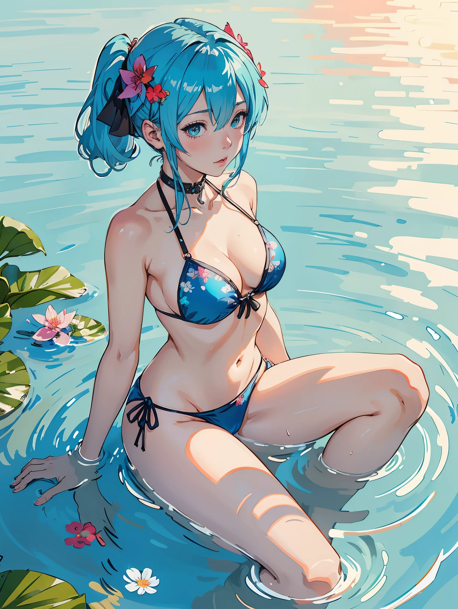 anime girl in a bikini in the water with blue flowers, an anime drawing by Shitao, pixiv, process art, wallpaper anime blue water, seductive anime girl, rem rezero, top rated on pixiv, 2 b, 2b, blue bikini, best anime 4k konachan wallpaper, mikudayo, anime girl with teal hair