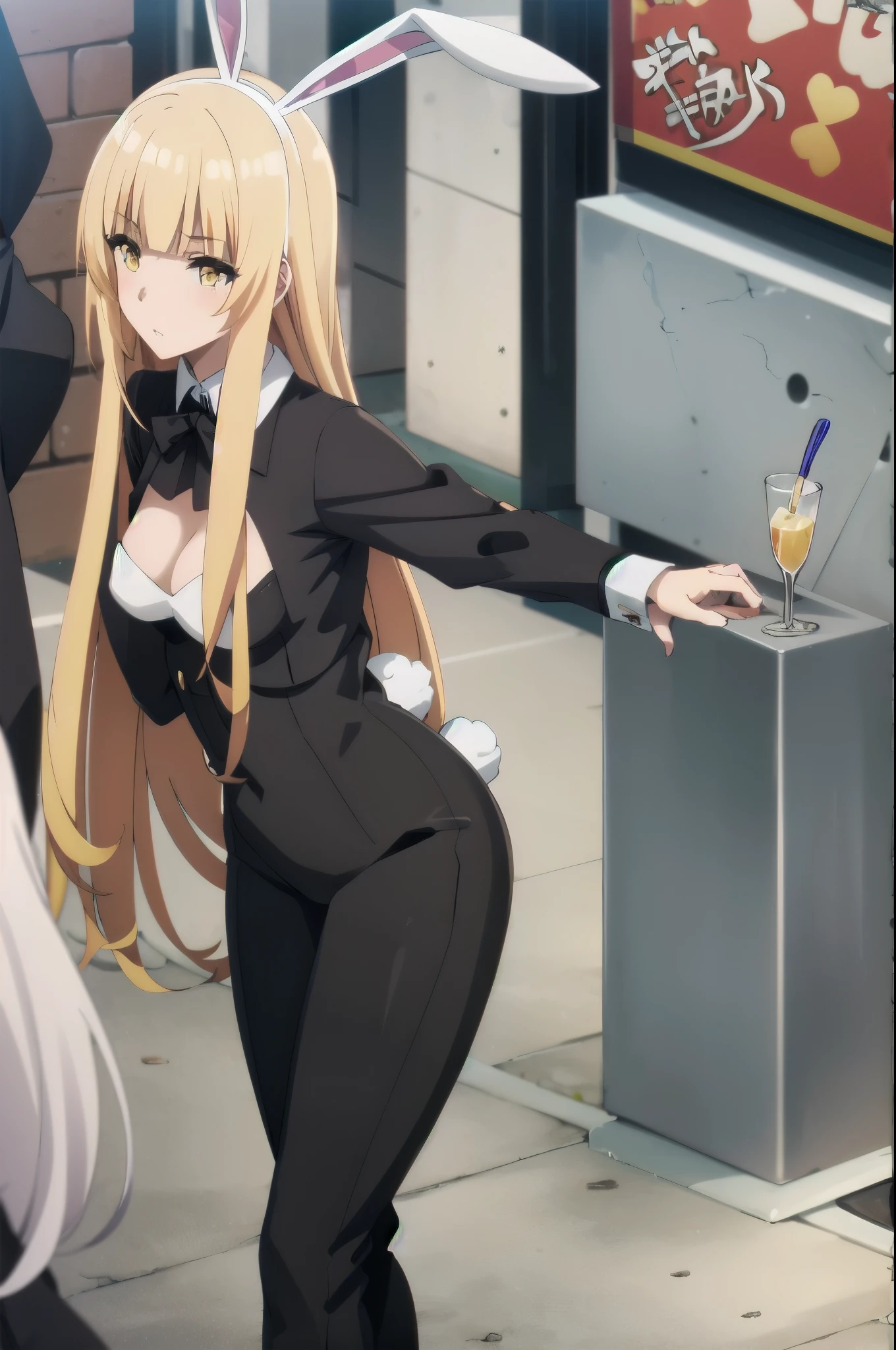 1Girl, solo,yellow eyes, blonde hair, long hair,BREA,(((black bunny suit,bunny ears)))
