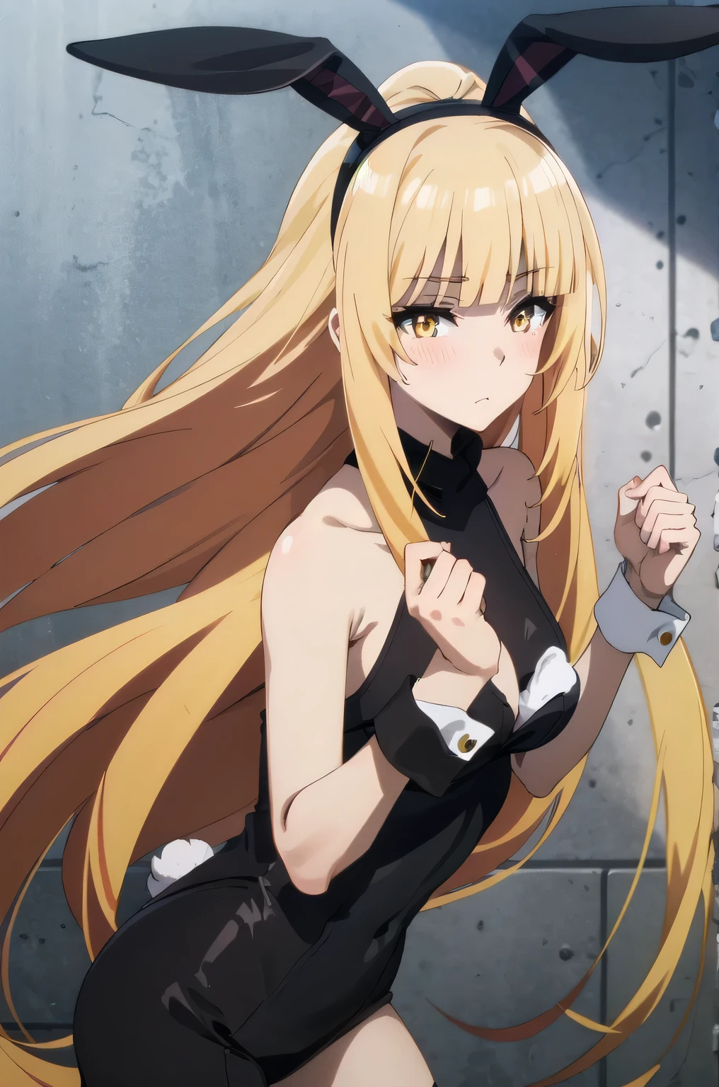 1Girl, solo,yellow eyes, blonde hair, long hair,BREA,(((black bunny suit,bunny ears)))
