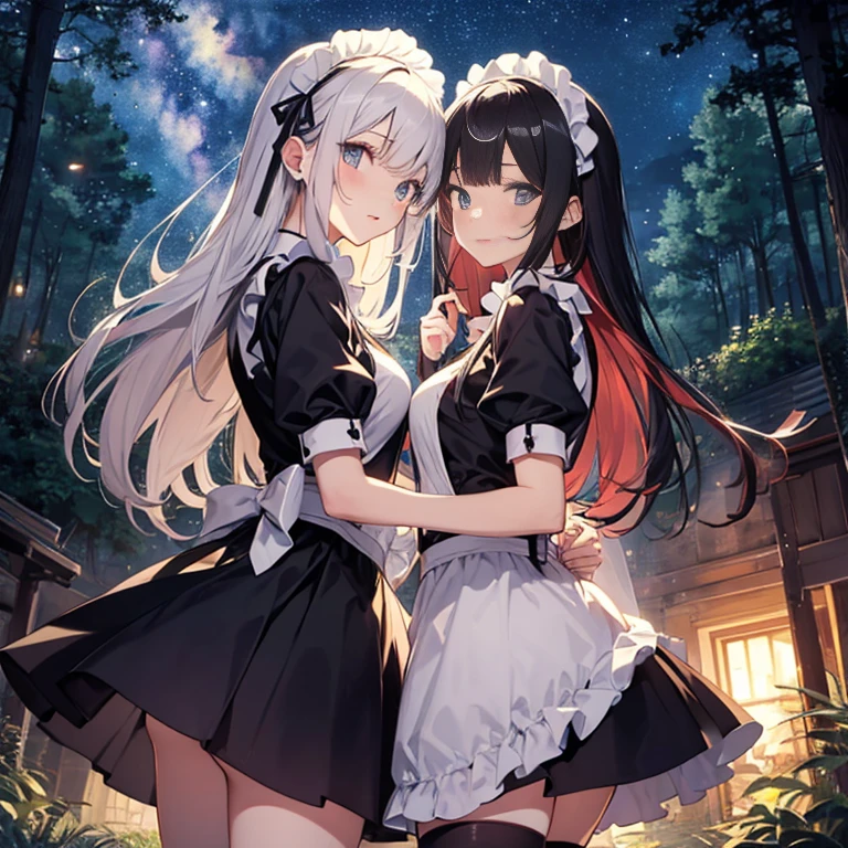 A group of maids, (in forest), various hair styles, harem, wearing maid uniform, night, details face, , short skirt, seducing, sleeveless , night, starry night 