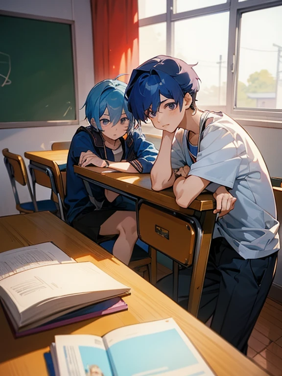 cartoon of two boys sitting at a table with a book and a backpack, ddlc, in the art style of 8 0 s anime, 9 0 s anime style, 90s anime style, in anime style, in an anime style, anime aesthetic, anime vibes, 9 0 s anime aesthetic, 9 0 s anime art style, lofi boy, typical anime classroom, beautiful background window, two cute boys, beautiful faces, two boys, don't extra hands, NO extra hands, generate two boys with NO extra hands, NO extra arm
