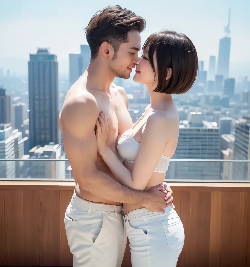 young couple in love、underwear、(Deep kiss while rubbing breasts、touch crotch、look at each other、expression of joy、highest quality、8K、best image quality、professional lighting、Beautiful woman、Precision wool、beautiful and delicate skin、No makeup、Slender、cute、Gravure idol pose、pale skin、big and full breasts、very short hair、exquisite appearance、wearing a white bra、He is a handsome man with short hair and wearing white pants.、detailed background、attack from behind、Two people hugging each other on the roof of a skyscraper、background building、Tokyo Tower