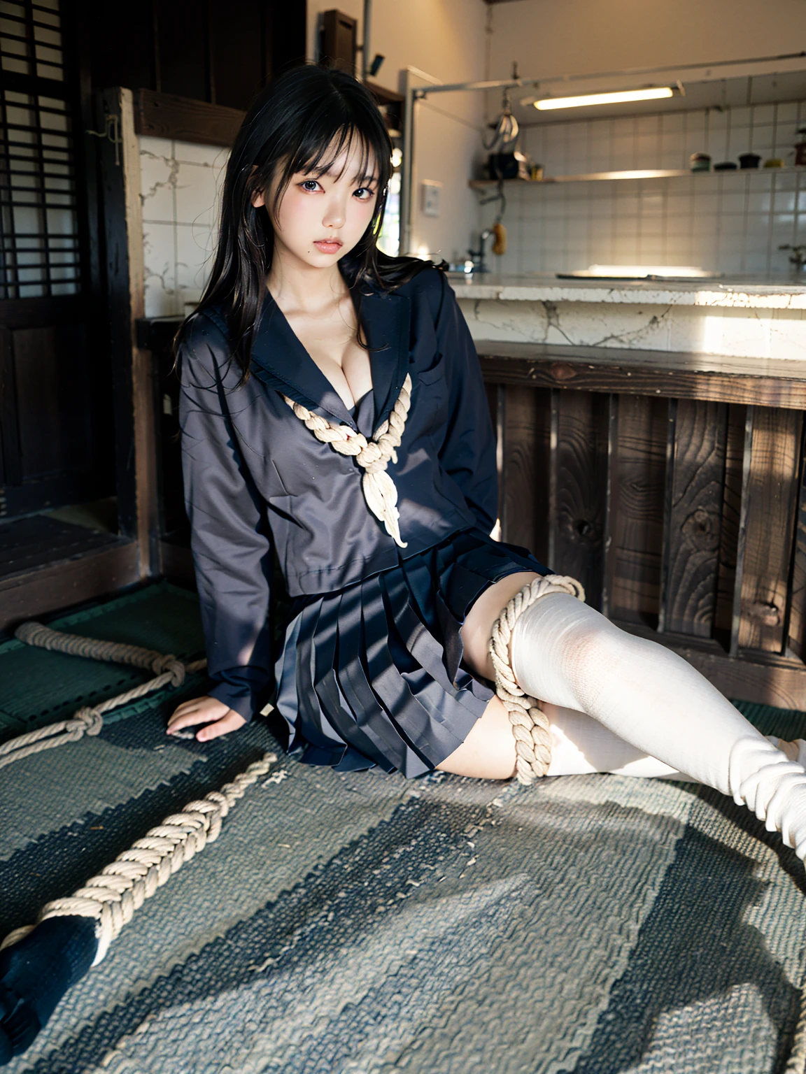 (41k4:1.15), (aika-sawaguchi:0.7), face, masterpiece, Best Quality, 8K, Raw photo, top-notch quality, masterpiece, (sitting with legs spread:1.3), (BDSM:1.5), (rope bondage:1.4), (tied up with rope:1.3), (wearing japanese schoolgirl uniform:1.6), (wearing white thigh high socks:1.35), (arms behind back:1.2), solo, (1 pretty Japanese girl), exceptionally detailed RAW color photo, professional-grade photograph, (Realistic, Photorealistic:1.37), (highly detailed skin:1.2), Ultra-high resolution, (lens 50mm), (masterpiece, top-quality:1.3), (hyper realistic:1.35), (Photorealistic:1.45), (Realistic:1.4), (looking at viewer:1.4), (facing viewer:1.4), 1 beautiful girl, 18 years old, Japanese idol, supermodel, pale skin, (slim:1.3), (slim body:1.25), (slender body:1.25), (narrow waist:1.25), pretty face, (large breasts:1.15), (deep cleavage), gravure idol
