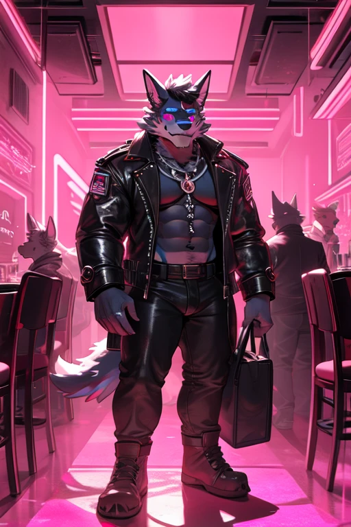 Liminal Space, Dream Core, Nostalgia Core, Anemoia, Kenopsia, gay men's club, darkly lit room, neon red lighting, full of bara furries, scantily clad, leather daddies
