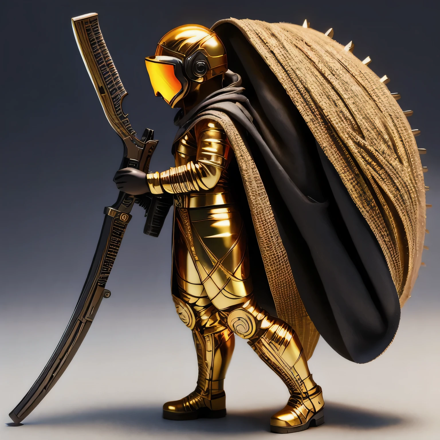 Brilliant Gold Diamond Maya Star,Copper weapons, Burlap Cape Mummy Hood Platinum Silk Cyberpunk Light Crossbow Space Station 1:90 miniatures, illustration, side view, (side view), Wear gold-rimmed reflective sunglasses, Carrying future weapons, very happy, side view, whole body, 3d, (Clay paint) octane rendering, perfect appearance, collagen(((Isometric art)))