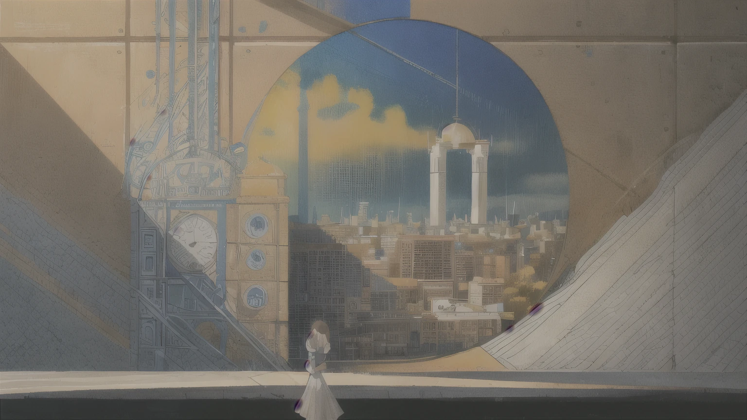 there is a painting，There is a building in the painting，There is a clock and a weather vane on it., Width, wide image, 🚿🗝📝, Sharing photo, header with logo, holy city | illustration, detailed picture, author：Marta Raza, official illustration, by Relia Penesic, author：Pedro Alvarez Castro, website Width