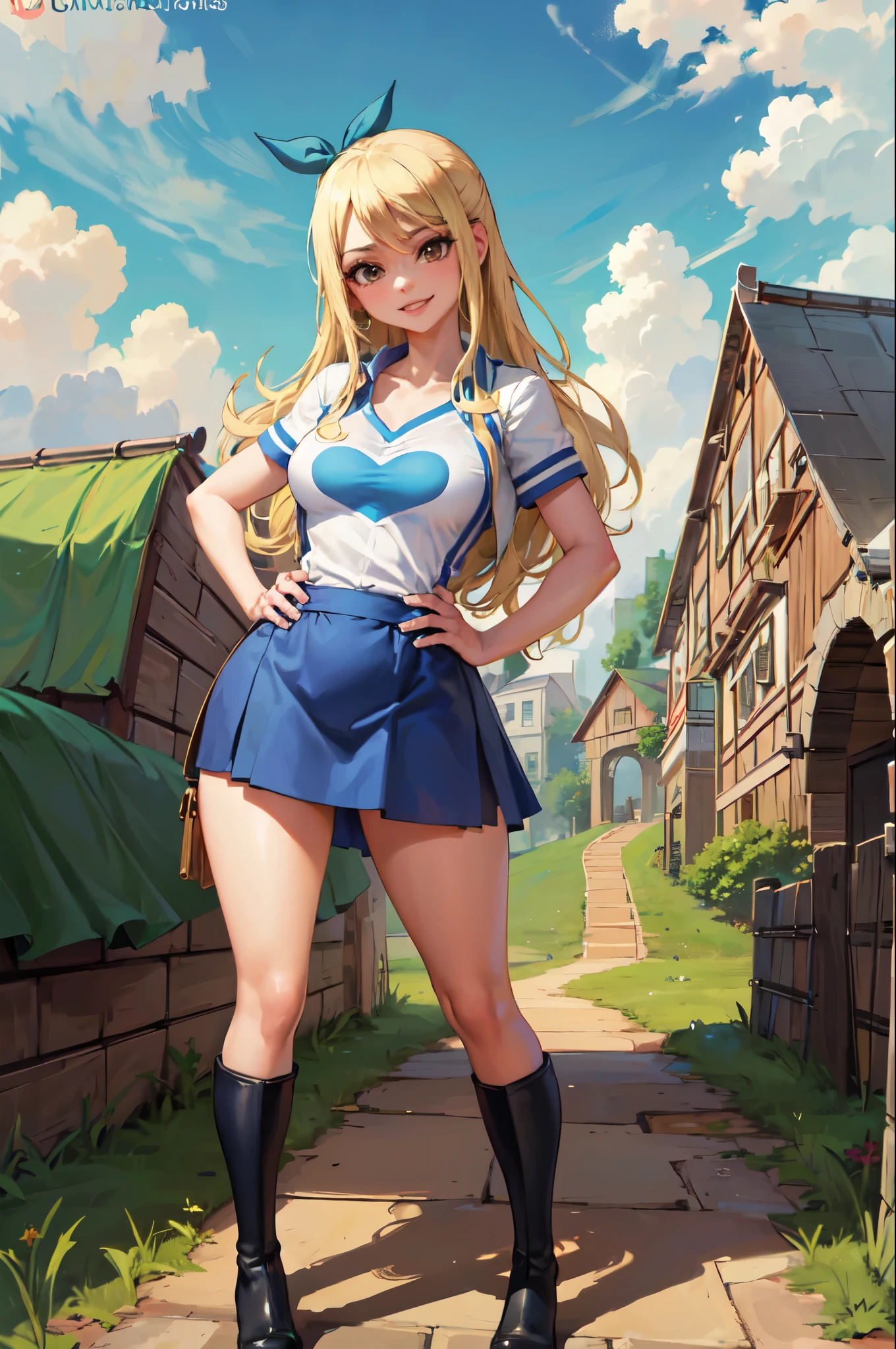 (obra de arte, Melhor qualidade:1.2), Sozinho, 1 garota, Lucy Heartfilia, Sorriso, olhando para o espectador, hands on hips, azul sem mangas, mini-saia, botas de coxa