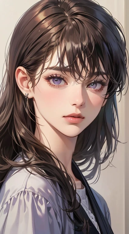 masterpiece, best quality, realistic, 1woman 1 man, mature female, mature male, beautiful, 25 years old, close his eyes, closed mouth, extremely detailed face, ((dark purple eyes)), ((Black long hair with French twist)), [thin eyebrows], accurate, ((front bang hair)), in the town,((man with dark grey eyes and Short dark brown hair))