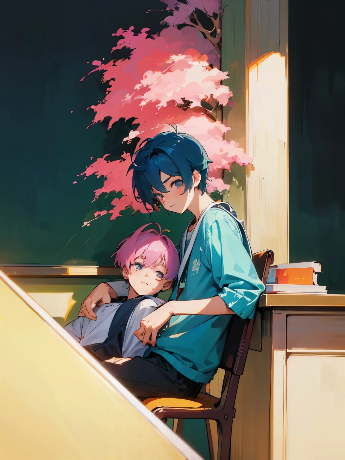 cartoon of two boys sitting at a table with a book and a backpack, ddlc, in the art style of 8 0 s anime, 9 0 s anime style, 90s anime style, in anime style, in an anime style, anime aesthetic, anime vibes, 9 0 s anime aesthetic, 9 0 s anime art style, lofi boy, typical anime classroom, beautiful background window, two cute boys, beautiful faces, two boys, don't extra hands, NO extra hands, generate two boys with NO extra hands, NO extra arm