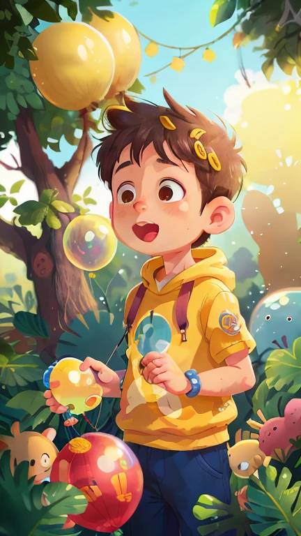 A boy, zoo, many balloons, happy, happy, perfect quality, clear focus (clutter - home: 0.8), (masterpiece: 1.2) (realistic: 1.2) (bokeh) (best quality) (detailed skin: 1.3) (intricate details) (8K) (detail eyes) (sharp focus), (happy), has bubbles, yellow star in each bubble, crypto coins visible