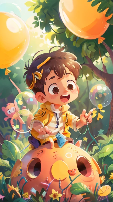 A boy, zoo, many balloons, happy, happy, perfect quality, clear focus (clutter - home: 0.8), (masterpiece: 1.2) (realistic: 1.2) (bokeh) (best quality) (detailed skin: 1.3) (intricate details) (8K) (detail eyes) (sharp focus), (happy), has bubbles, yellow star in each bubble, crypto coins visible